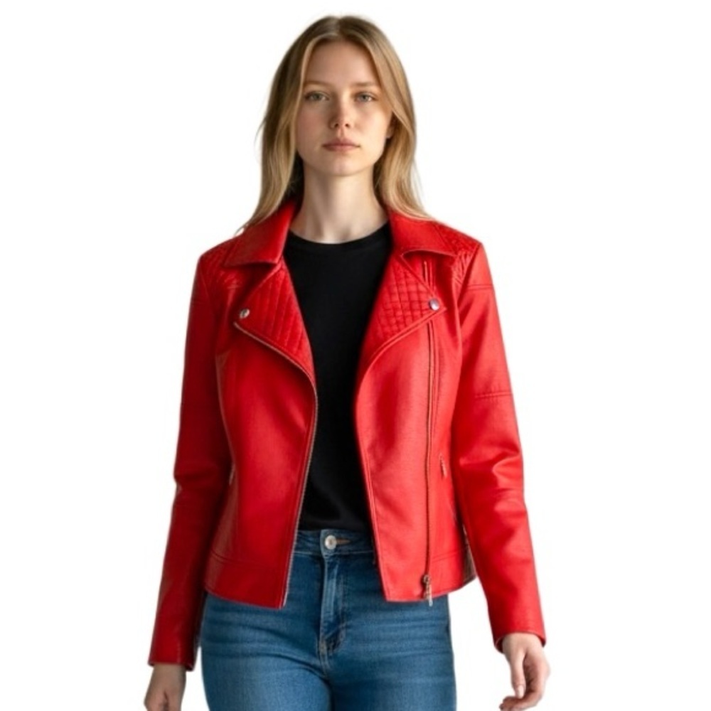 CHIC ME Faux Leather Cropped Red Moto Jacket